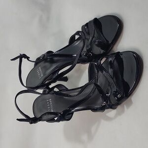 Stuart Weitzman Black Leather Kitten Heel Sandals
